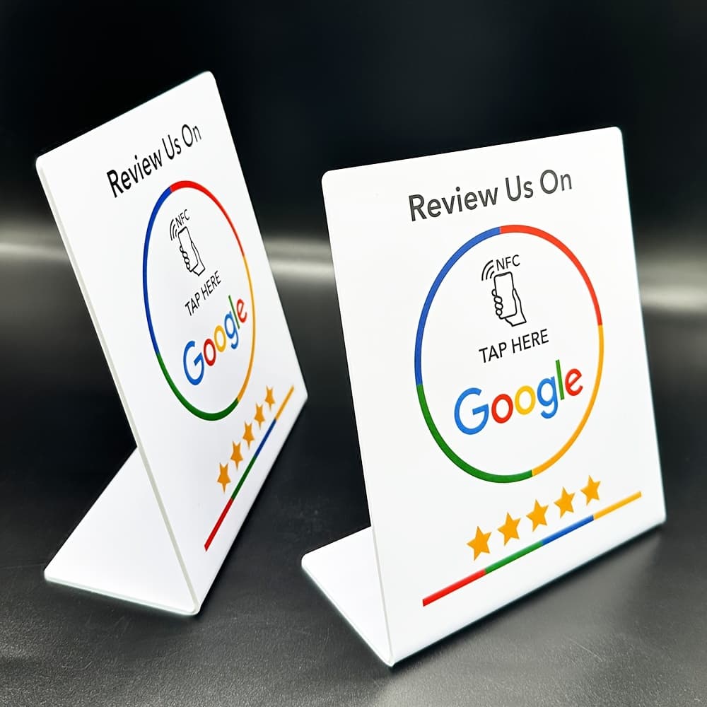 SARanker NFC tap-to-review stands with the Google review prompt
